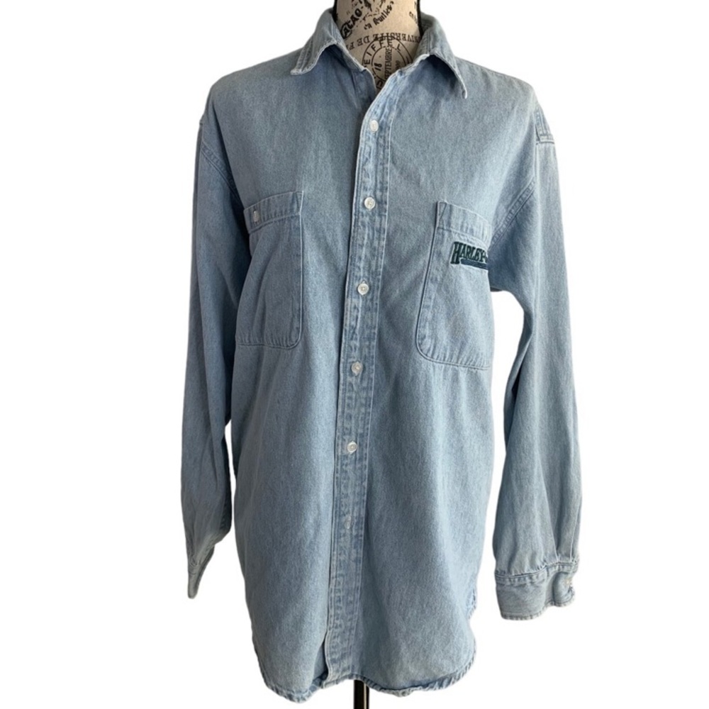Harley Davidson Denim Shirt button down light wash long sleeve pocket men small